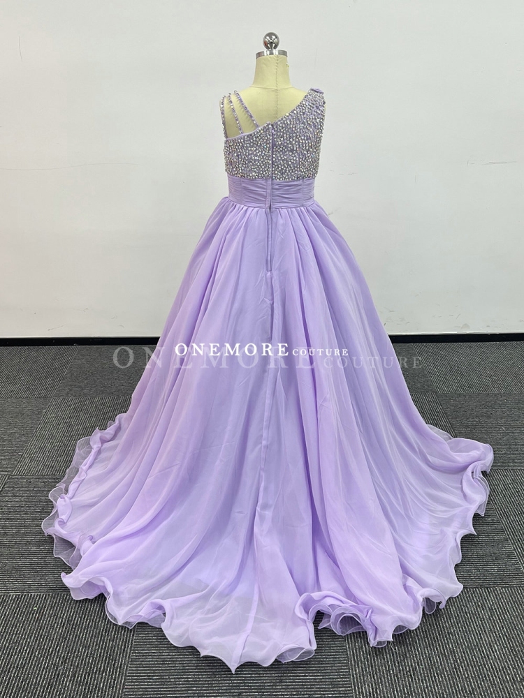 Light Purple One Shoulder Stoned Chiffon Pageant Gown with Cape