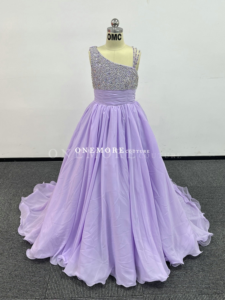 Light Purple One Shoulder Stoned Chiffon Pageant Gown with Cape