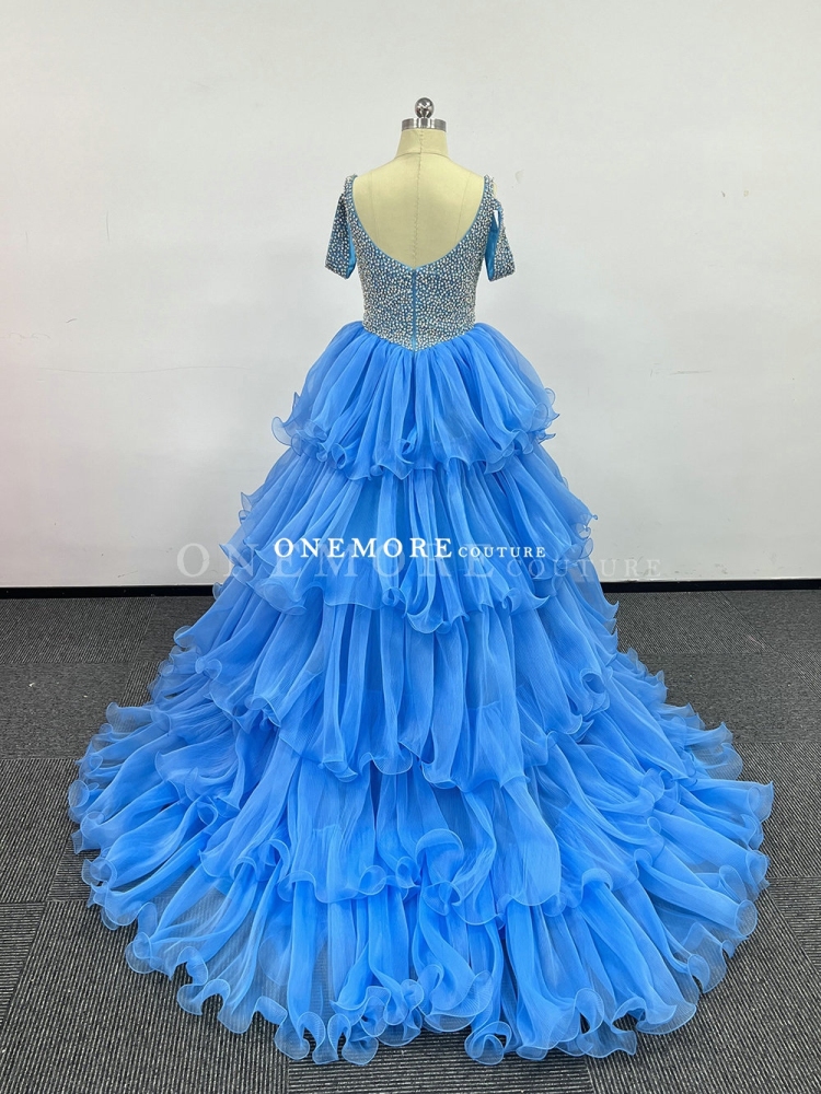 Perwinkle Color Stoned V Neck Organza Pageant Gown with layered Skirt