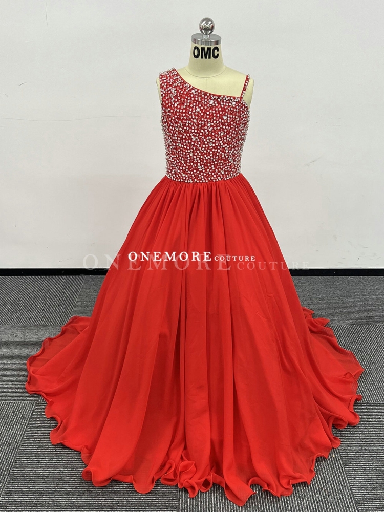 Red Beaded One Shoulder Chiffon Pageant Gown with Frills
