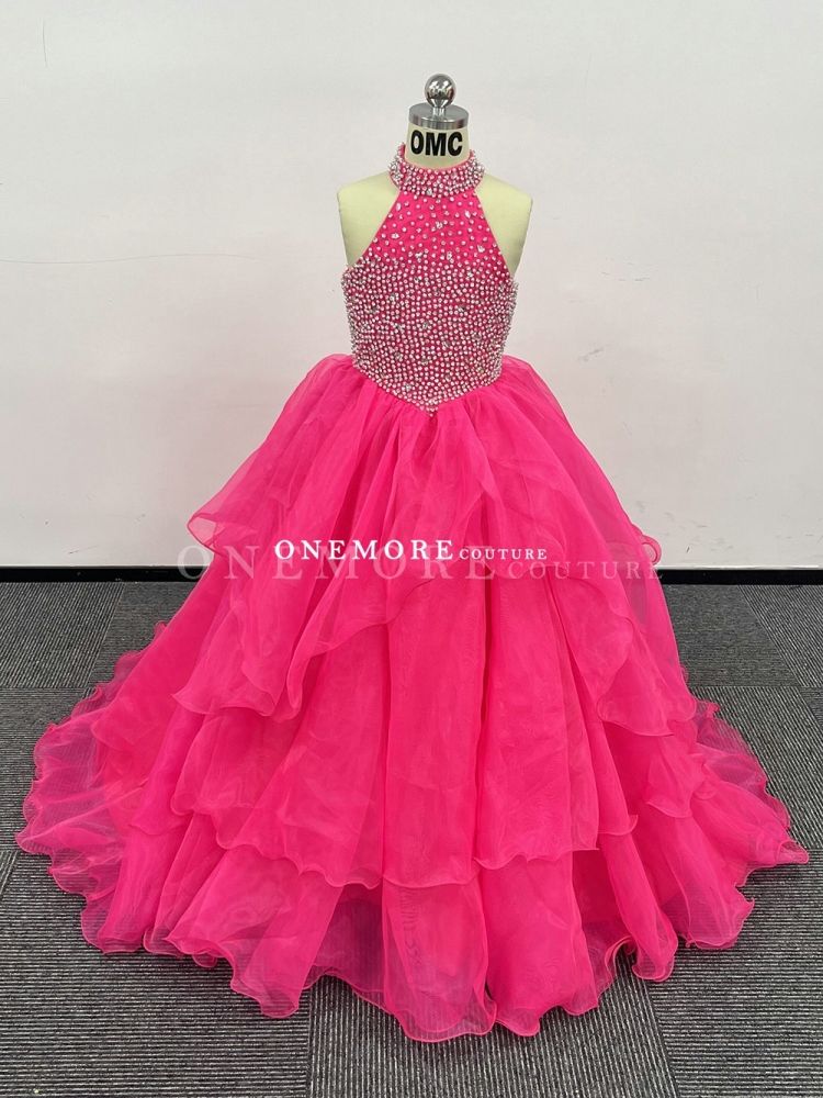 Hot Pink Pageant Gown with Ombre Stoning Top and Layered Skirt
