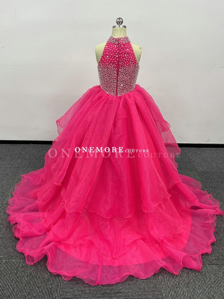 Hot Pink Pageant Gown with Ombre Stoning Top and Layered Skirt