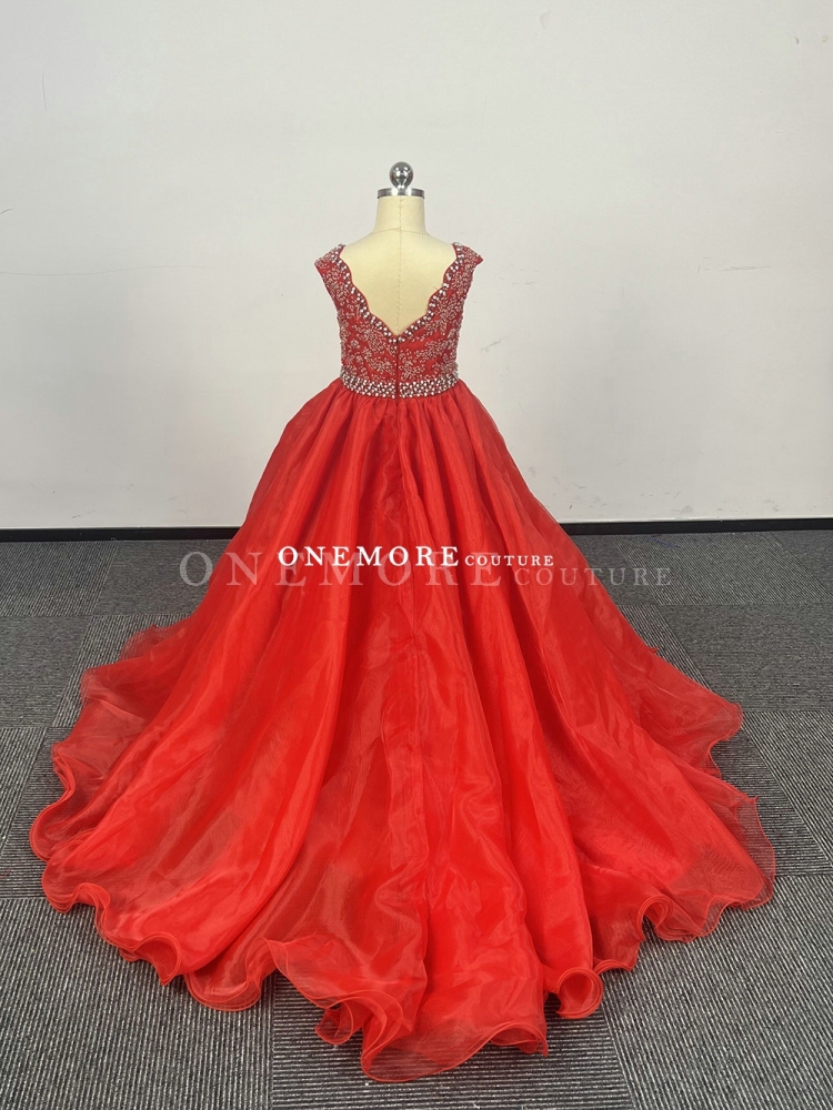 Red Organza Pageant Ball Gown with Beaded Bodice