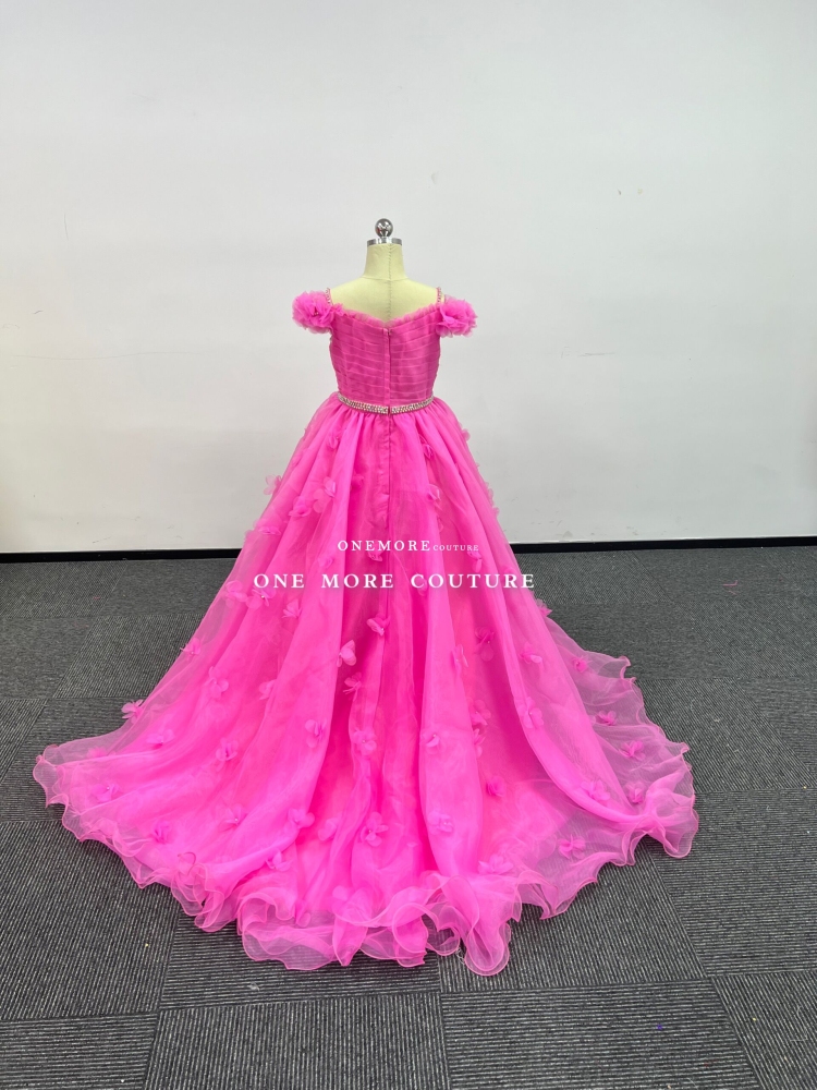Pink Girl's Pageant Gown with Stoned Petals On Skirt