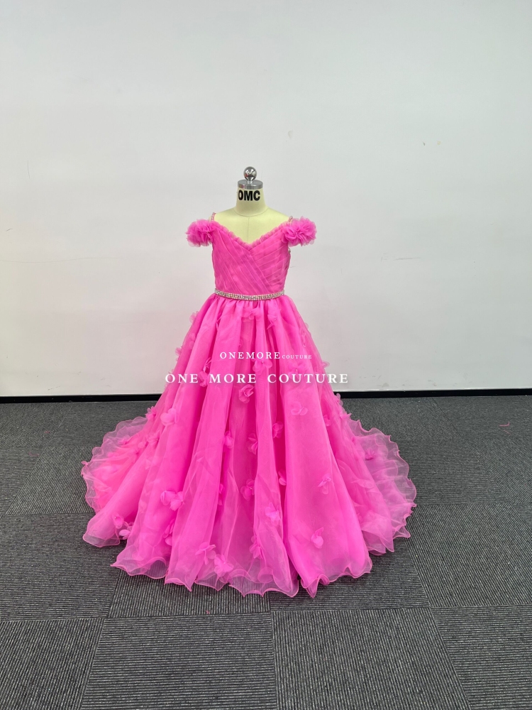 Pink Girl's Pageant Gown with Stoned Petals On Skirt
