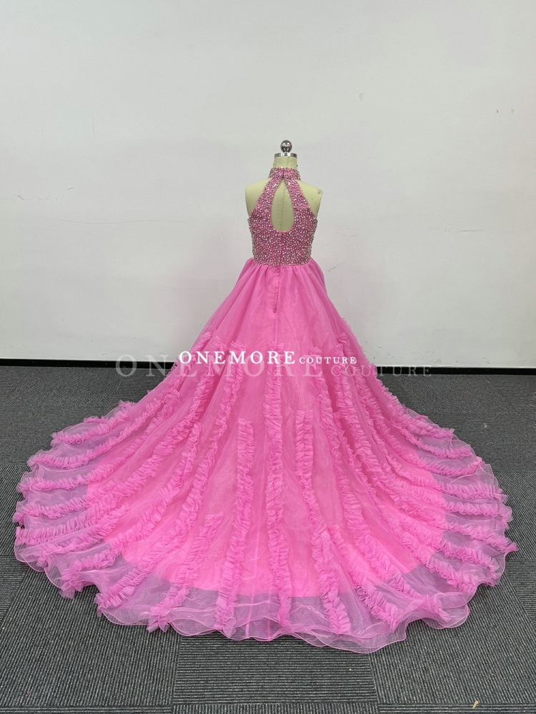 Light Pink Pageant Gown with Fully Stoned Top and Frill Skirt