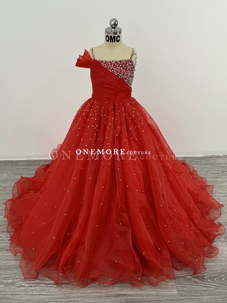 Red Organza Pageant Gown with Stoned Bodice