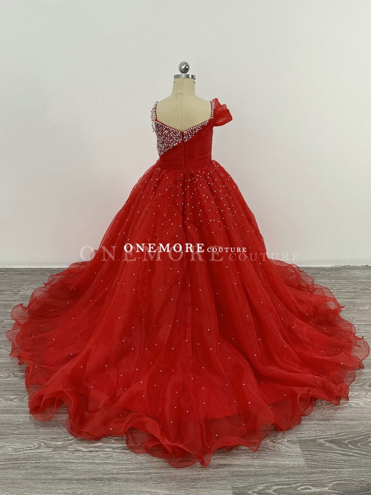 Red Organza Pageant Gown with Stoned Bodice