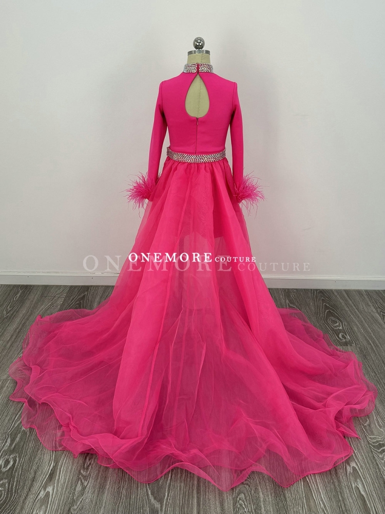 Long Sleeves Hot Pink Romper with Feathers and Overskirt