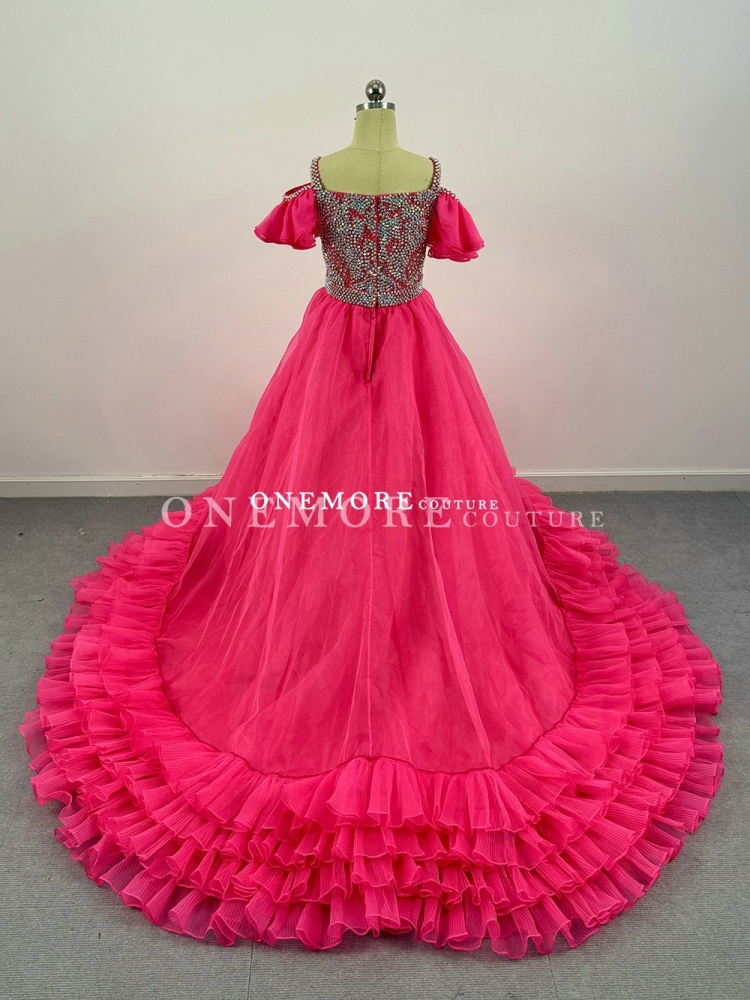 Stoned Hot Pink Organza Pageant Gown with Ruffles