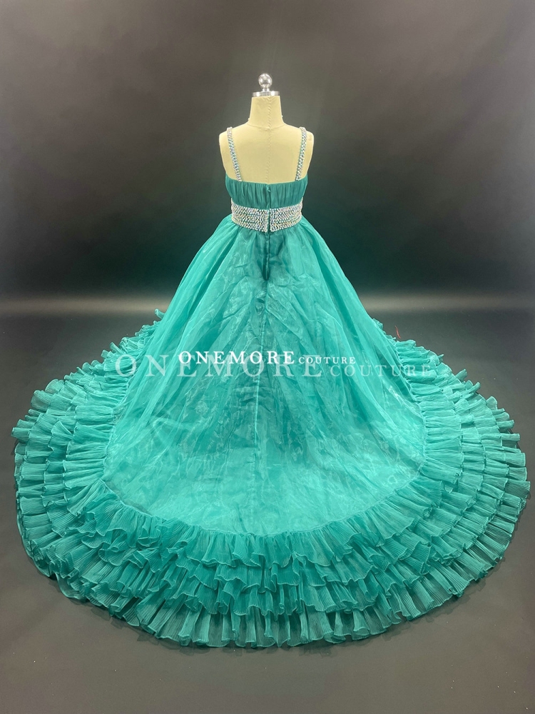 Teal Green Organza Pageant Gown with Stoned Belt and Ruffled Skirt