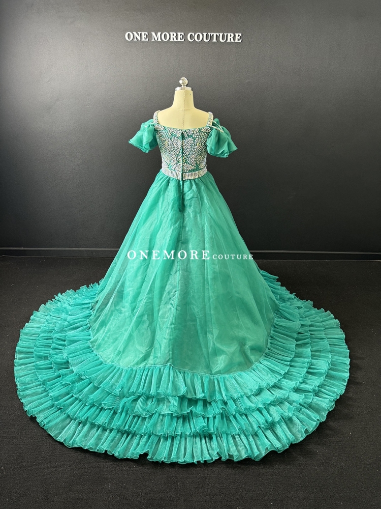 Teal  Ruffled Pageant Gown with Stones and Puffy Sleeves