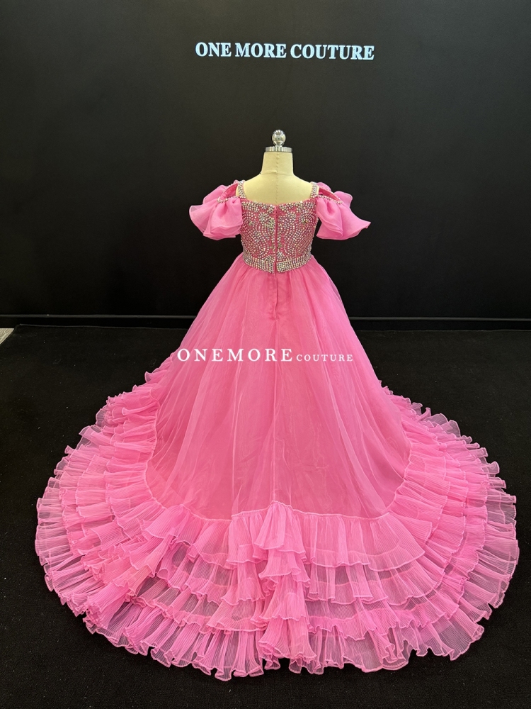 Light Pink Ruffled Pageant Gown with Stones and Puffy Sleeves