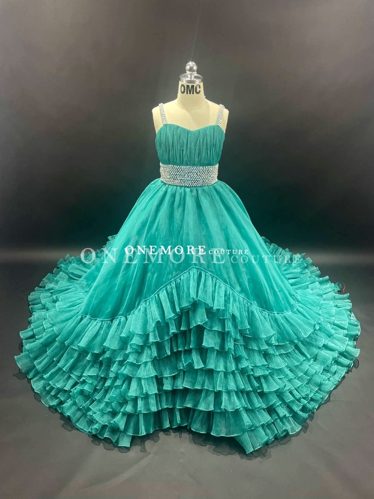 Teal Green Organza Pageant Gown with Stoned Belt and Ruffled Skirt