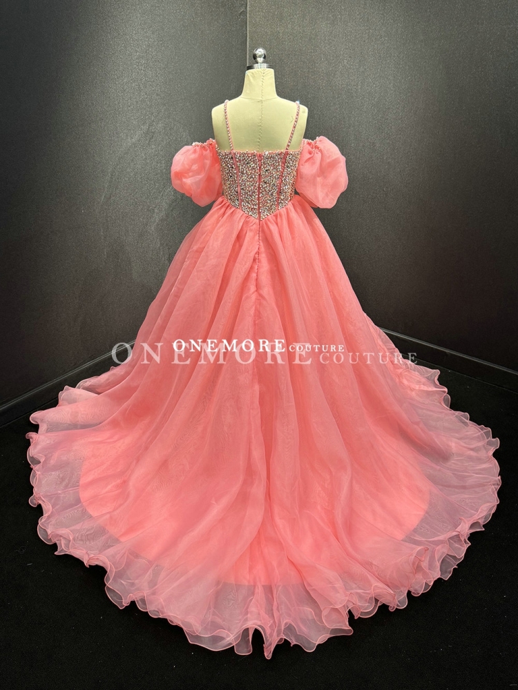 Coral Organza Sweetheart Neck Stoned Pageant Gown with Sleeves