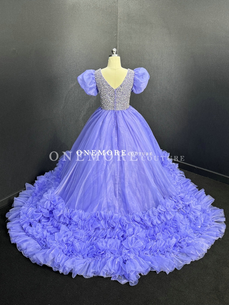 Perwinkle Color Pageant Gown with Beded Bodice and Puffy Sleeves