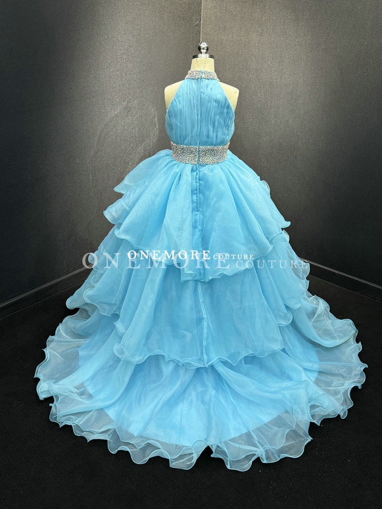 Blue Pageant Gown with Stoned Belt and Layered Skirt
