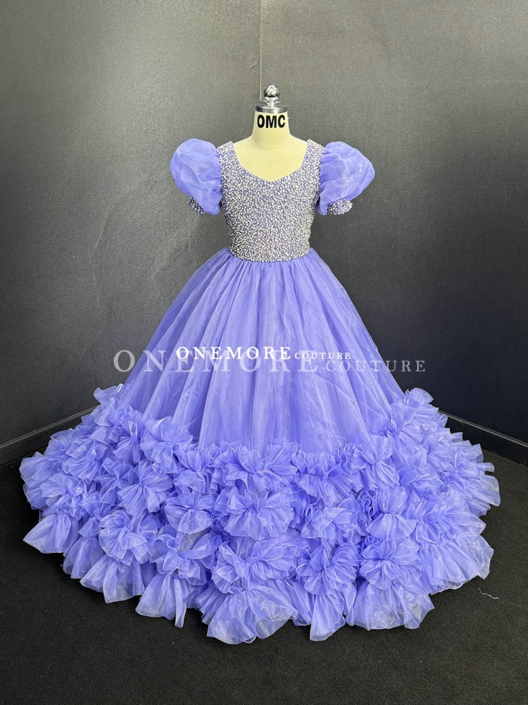 Perwinkle Color Pageant Gown with Beded Bodice and Puffy Sleeves