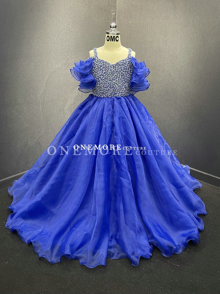 Royal Blue Organza Pageant Gown with Fully Stoned Top and Puffy Sleeves