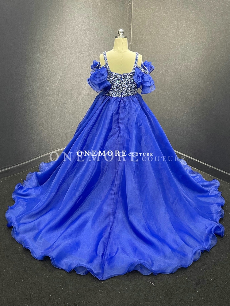 Royal Blue Organza Pageant Gown with Fully Stoned Top and Puffy Sleeves