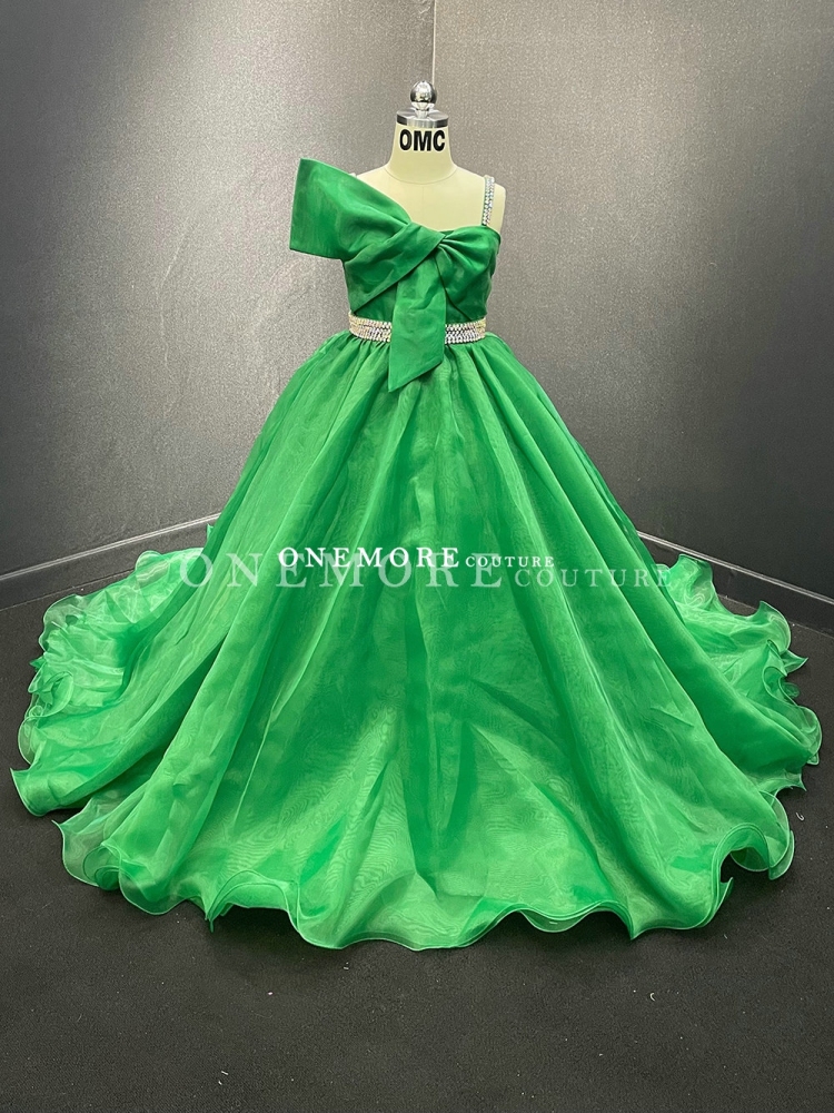 Green Organza Ball Gown with Cute Bow and Stoned Belt