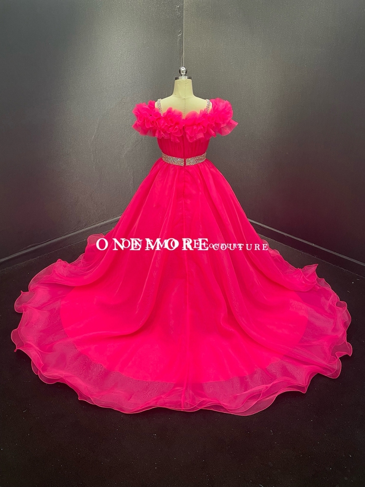 Hot Pink Organza Pageant Gown with Ruffled Neck and Stoned Belt