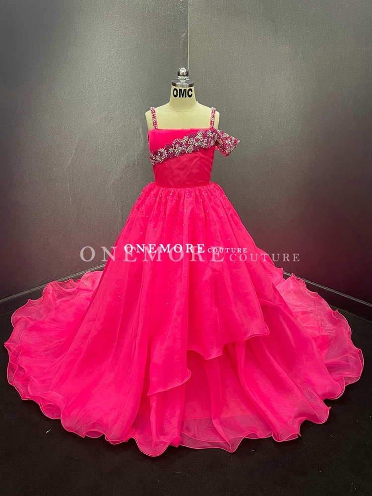Hot Pink Pageant Gown with Scalloped Neck and Layered Skirt