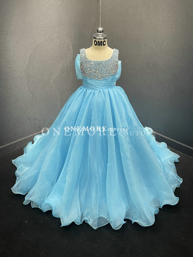Blue Organza Pageant Gown with Big Bow
