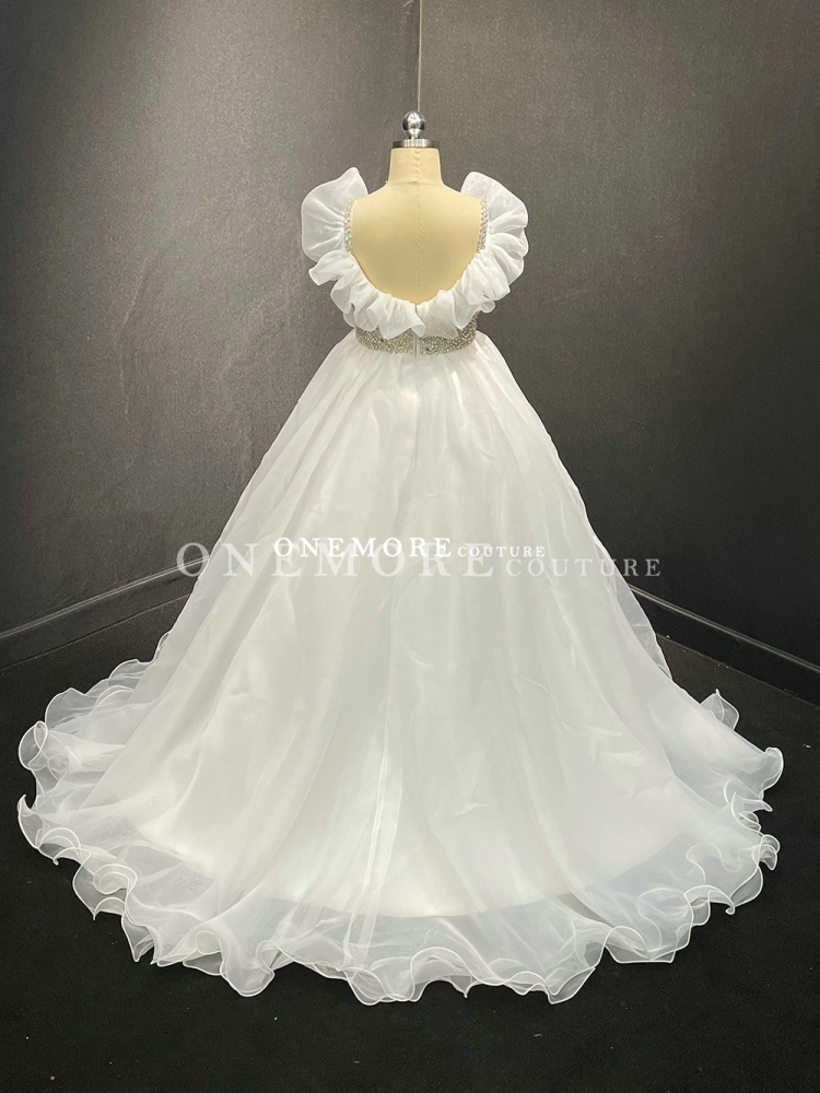 White Stoned Organza Pageant Gown with Ruffle Neck