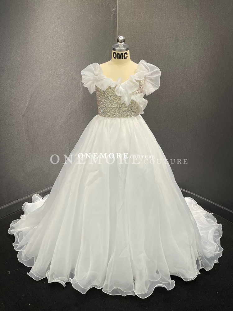 White Stoned Organza Pageant Gown with Ruffle Neck