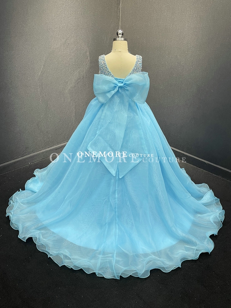 Blue Organza Pageant Gown with Big Bow