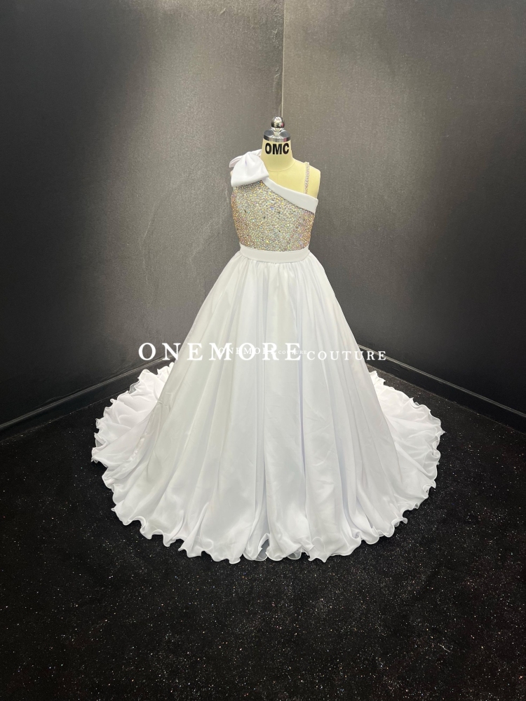 Beaded One Shoulder Chiffon Pageant Gown with Bow