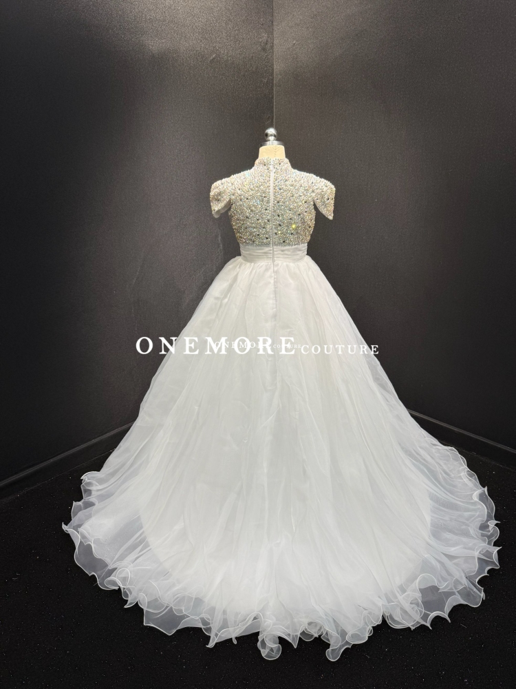 Beaded White High Neck Pageant Gown with Cape Sleeves