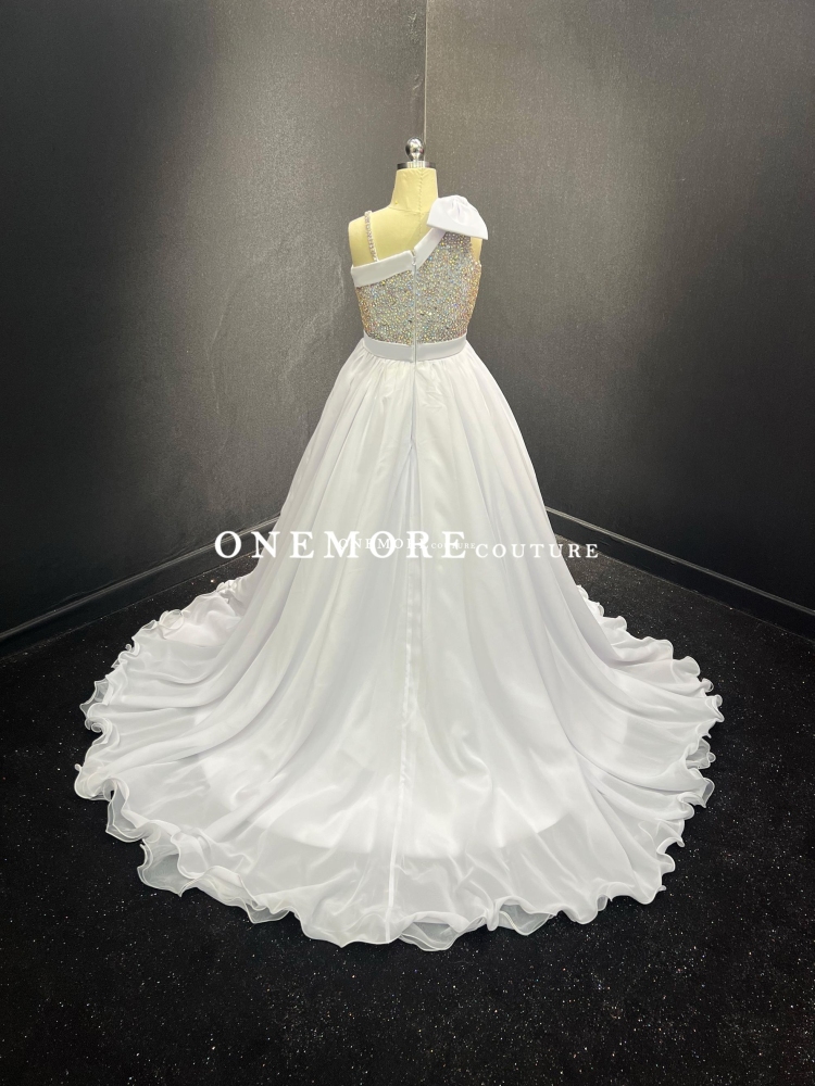 Beaded One Shoulder Chiffon Pageant Gown with Bow