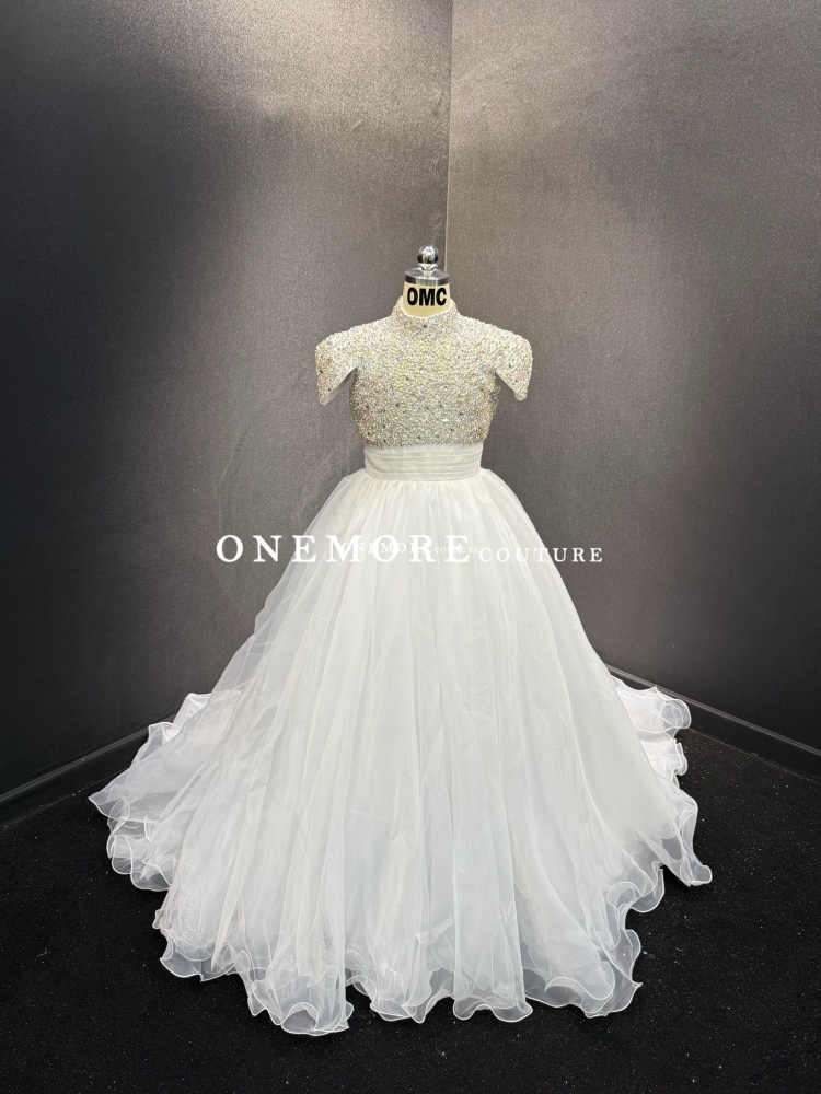 Beaded White High Neck Pageant Gown with Cape Sleeves