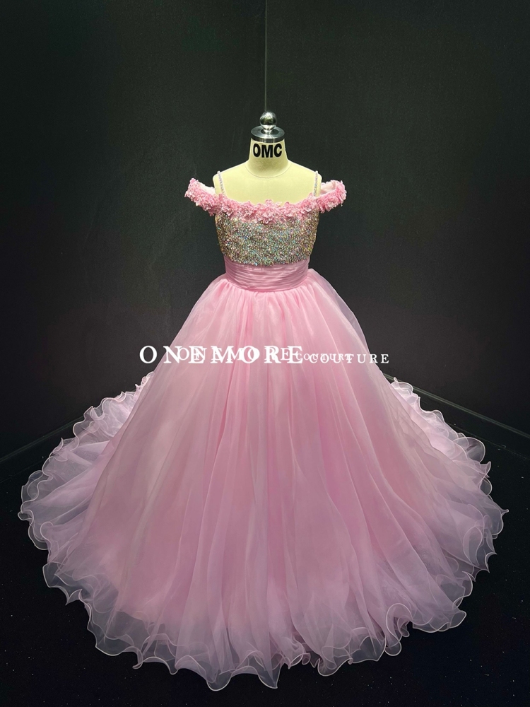 Elegant Light Pink Stoned Organza Pageant Ball Gown for Girls