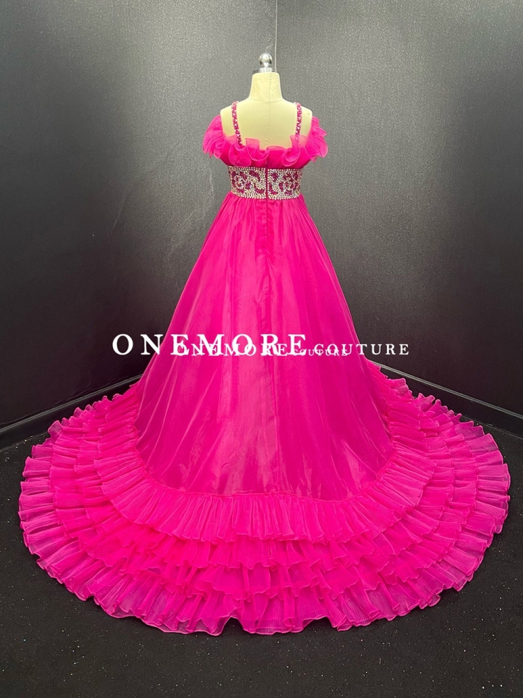 Hot Pink Girls Pageant Gown with Beaded Waist and Ruffled Skirt