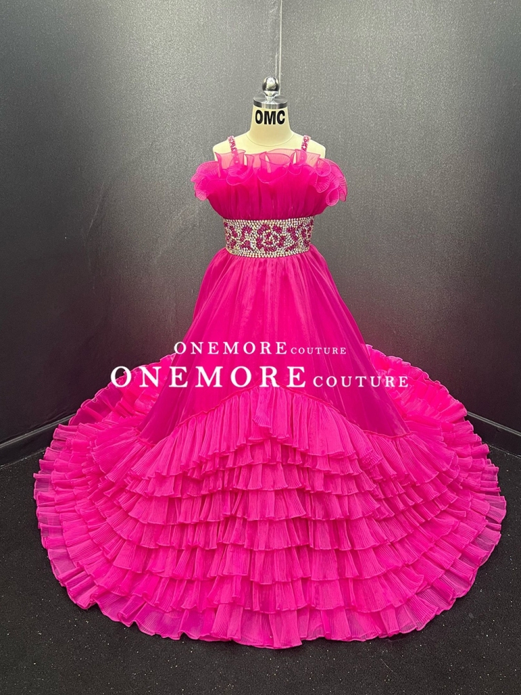 Hot Pink Girls Pageant Gown with Beaded Waist and Ruffled Skirt