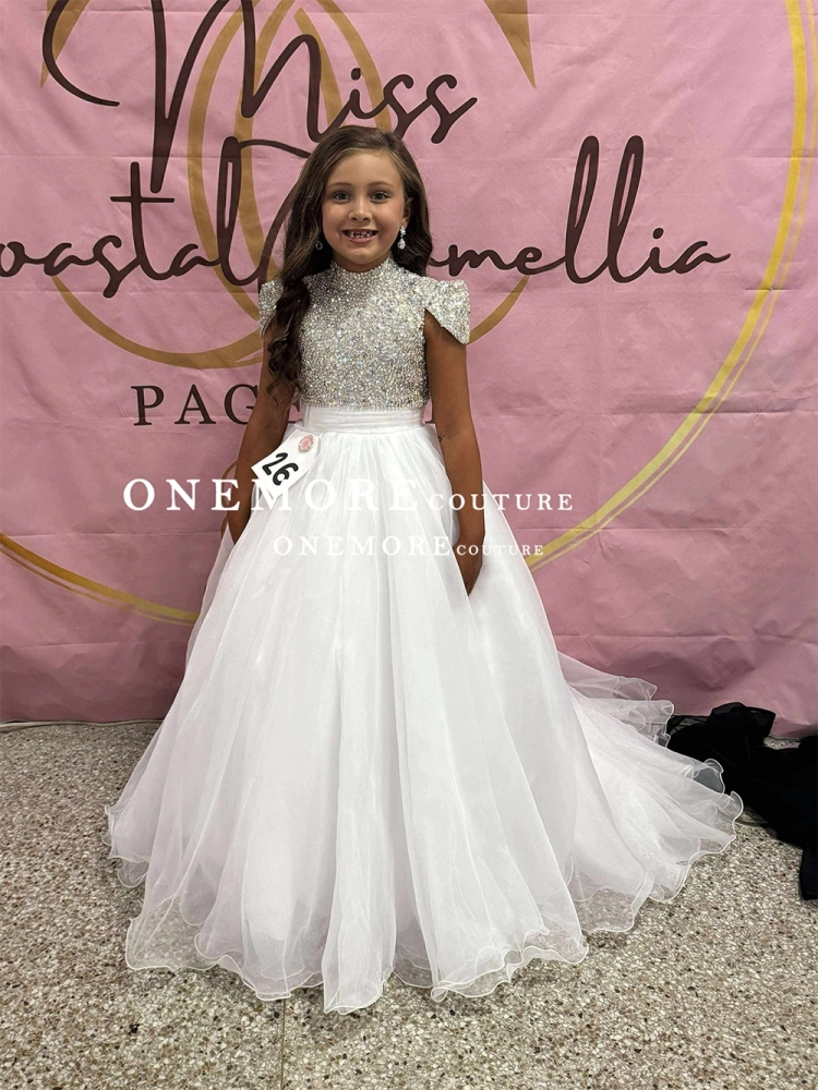 Beaded White High Neck Pageant Gown with Cape Sleeves