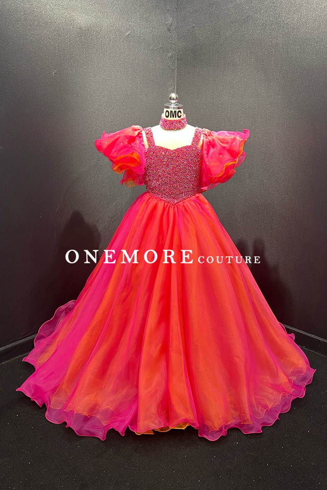 Two Tones Organza Pageant Gown with Puffy Sleeves