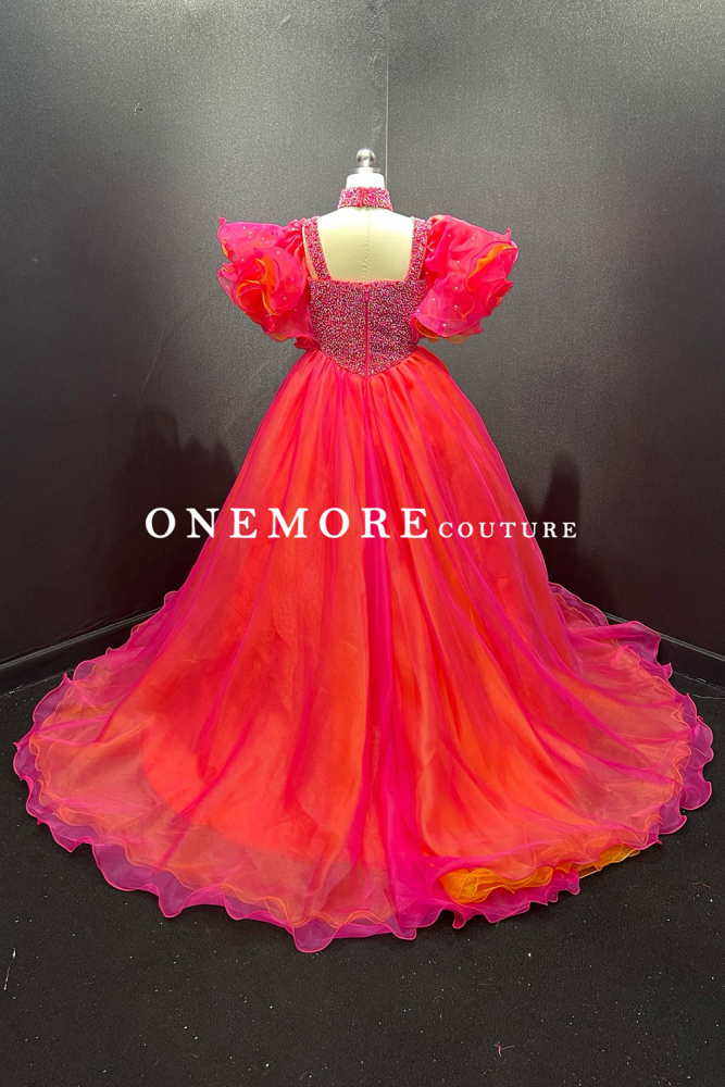 Two Tones Organza Pageant Gown with Puffy Sleeves
