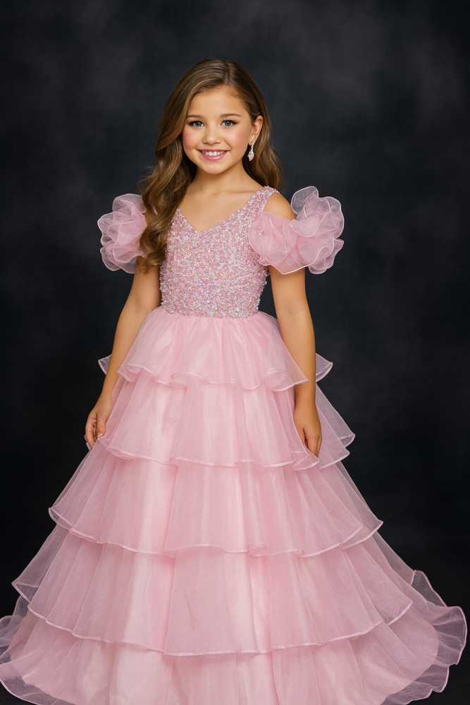 Light Pink Organza Pageant Gown with Tiered Skirt