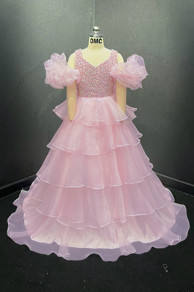 Light Pink Organza Pageant Gown with Tiered Skirt