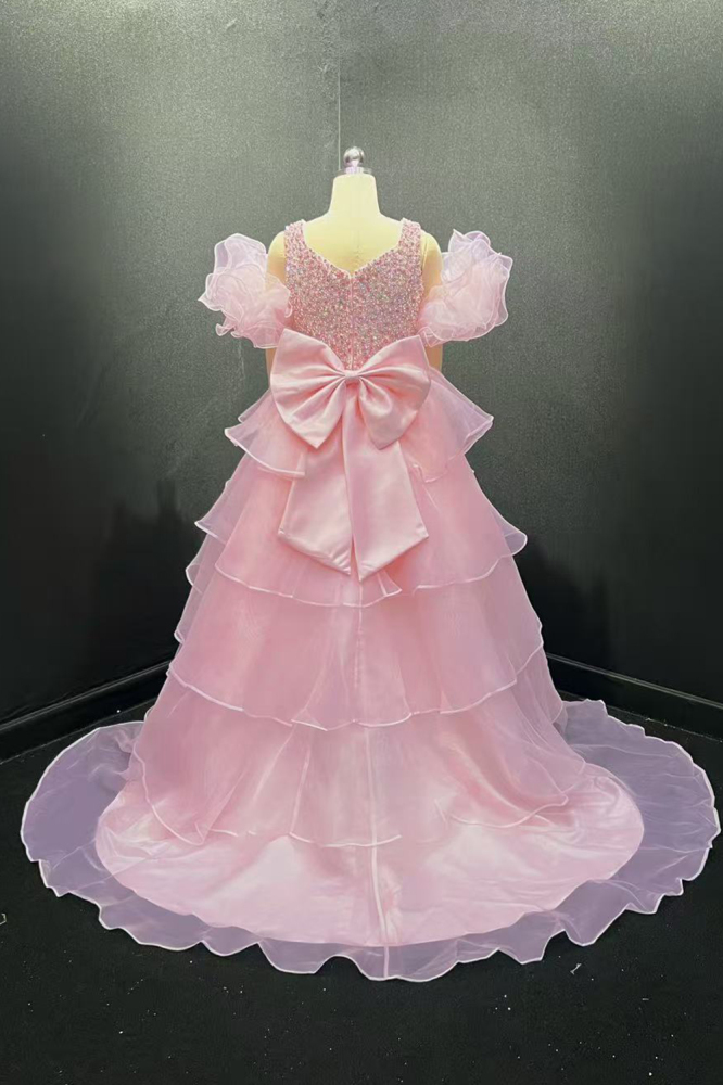 Light Pink Organza Pageant Gown with Tiered Skirt