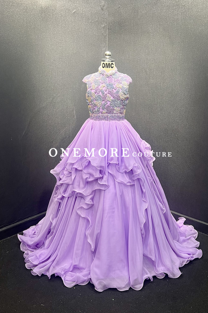 Lilac Ruffled Organza Pageant Gown with Beaded Bodice