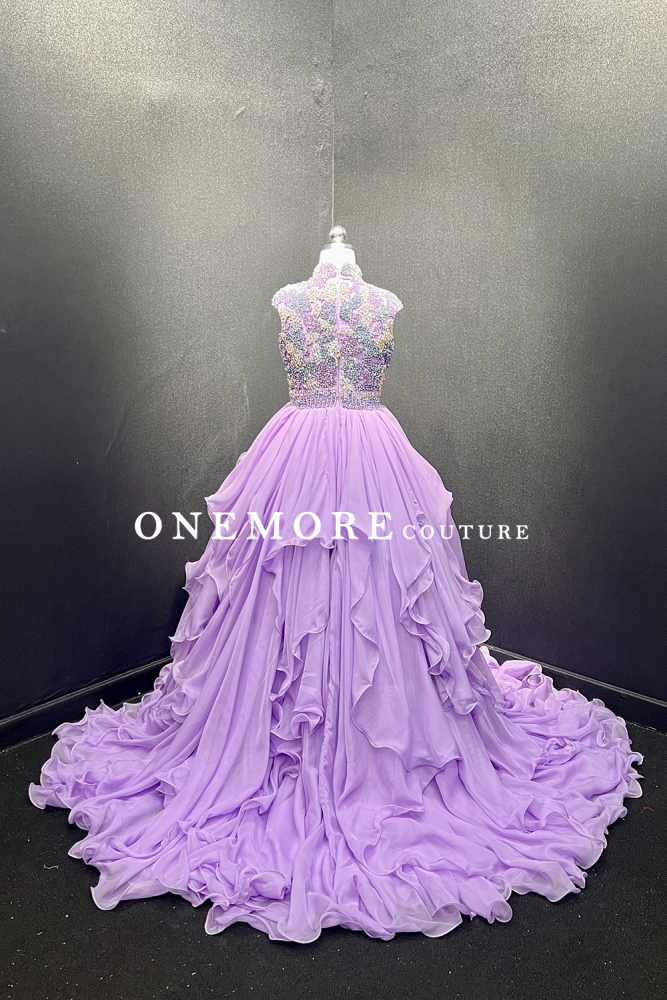 Lilac Ruffled Organza Pageant Gown with Beaded Bodice