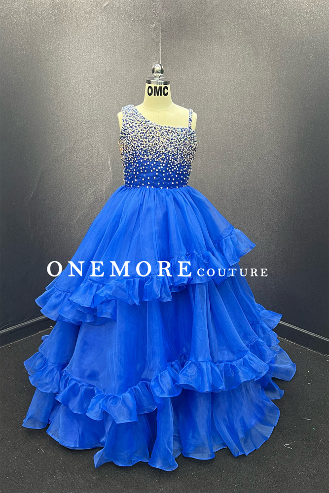 Royal Blue Organza Girls Pageant Gown with Rhinestone Bodice