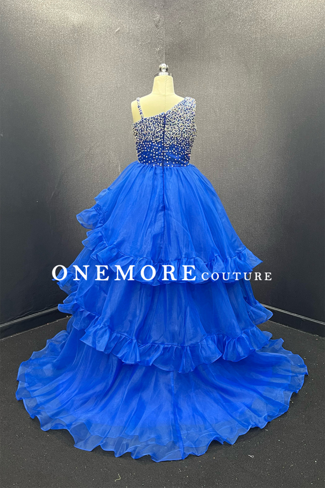Royal Blue Organza Girls Pageant Gown with Rhinestone Bodice