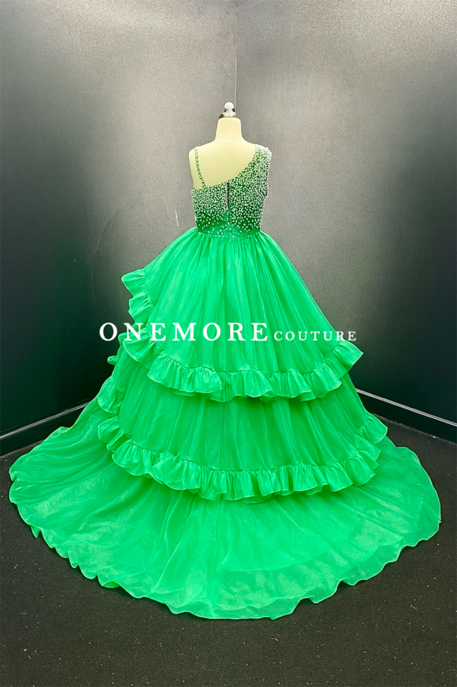 Kelly Green Girls Pageant Gown with Rhinestone Bodice