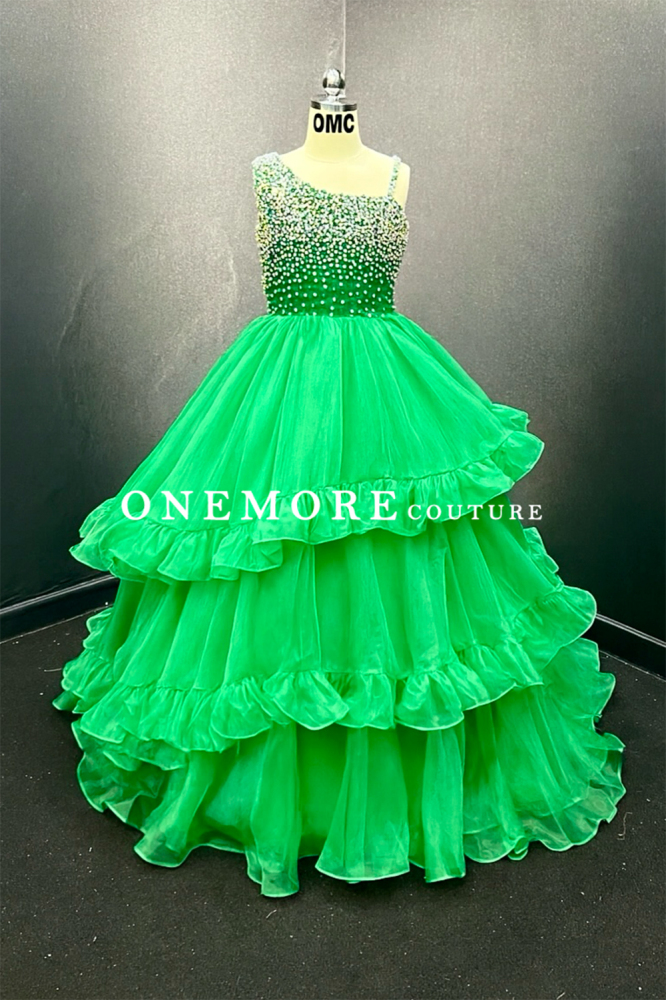 Kelly Green Girls Pageant Gown with Rhinestone Bodice